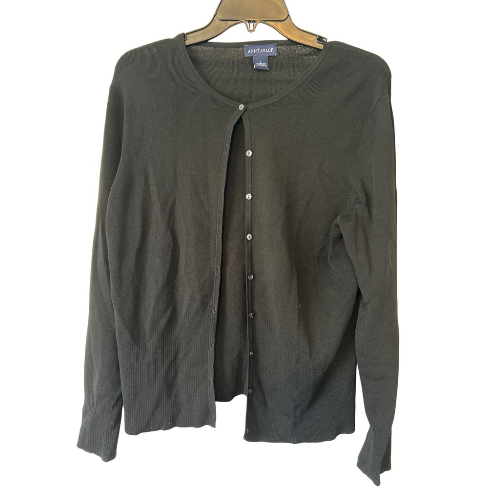 Ann Taylor Black Cardigan Sweater Button Front Long Sleeve Women's Size L